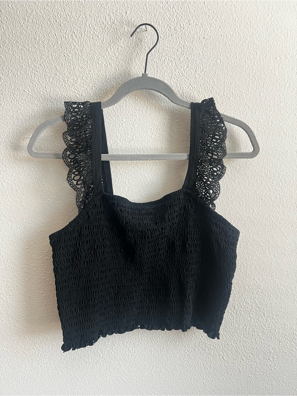 Express Black Smocked Crochet Strap Crop Top